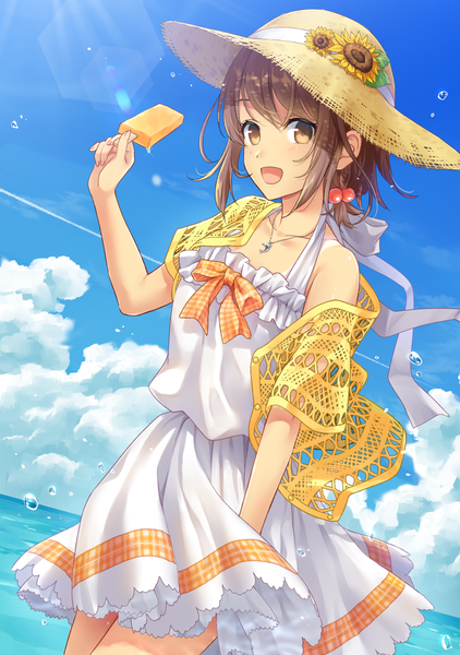 Anime picture 1000x1421 with original daidai jamu single tall image looking at viewer blush fringe short hair open mouth smile brown hair standing holding brown eyes sky cloud (clouds) outdoors :d wind sunlight