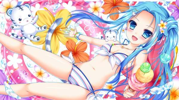 Anime picture 1920x1079 with original shitou single long hair looking at viewer blush highres open mouth blue eyes light erotic wide image blue hair tail animal tail hair flower girl navel hair ornament flower (flowers) swimsuit