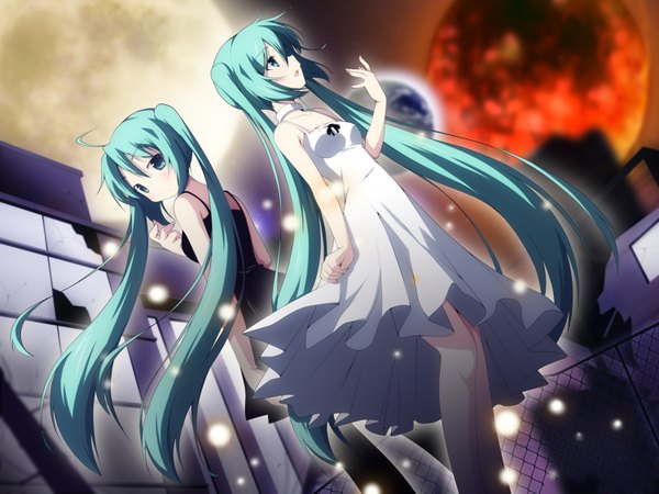 Anime picture 1500x1125 with vocaloid hatsune miku yuzuki kei long hair twintails multiple girls ahoge looking back aqua eyes aqua hair girl 2 girls sundress