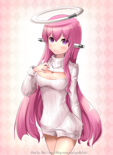 Anime picture 800x1100 with blat (artist) single long hair tall image looking at viewer blush breasts light erotic purple eyes signed pink hair cleavage rhombus girl sweater halo turtleneck open-chest turtleneck