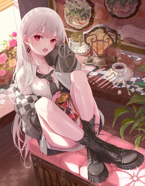 Anime picture 1287x1647 with original ito lab single long hair tall image looking at viewer fringe open mouth light erotic red eyes sitting silver hair full body bent knee (knees) indoors blunt bangs long sleeves head tilt open jacket crossed legs