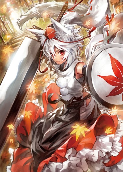 Anime picture 750x1050 with touhou inubashiri momiji matsuda (matsukichi) single tall image looking at viewer short hair red eyes animal ears white hair tail traditional clothes japanese clothes animal tail wolf ears autumn wolf tail girl skirt weapon