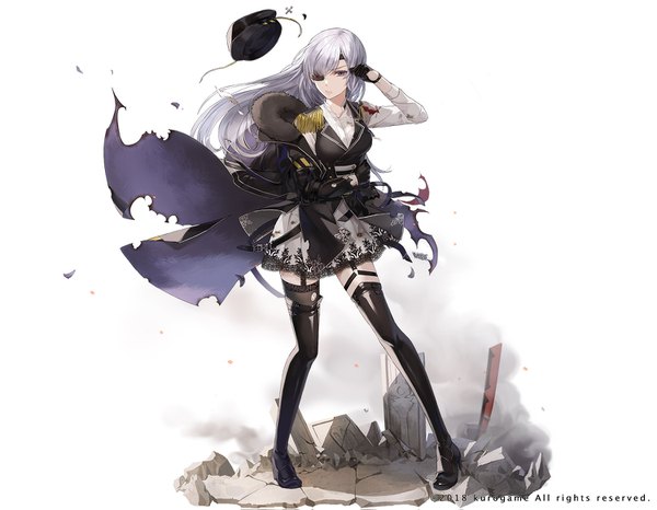 Anime picture 1500x1167 with punishing: gray raven bashiron kim eb single long hair looking at viewer fringe breasts simple background white background purple eyes silver hair full body arm up wind hair over one eye off shoulder official art high heels fur trim