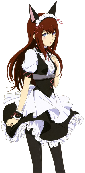 Anime picture 992x2000 with steins;gate white fox makise kurisu sakai kyuuta single long hair tall image looking at viewer fringe open mouth blue eyes brown hair standing animal ears cat ears short sleeves maid puffy sleeves fake animal ears transparent background