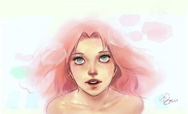 Anime picture 1553x946 with naruto studio pierrot naruto (series) haruno sakura citrusgun single short hair open mouth simple background wide image white background green eyes signed pink hair looking up topless girl