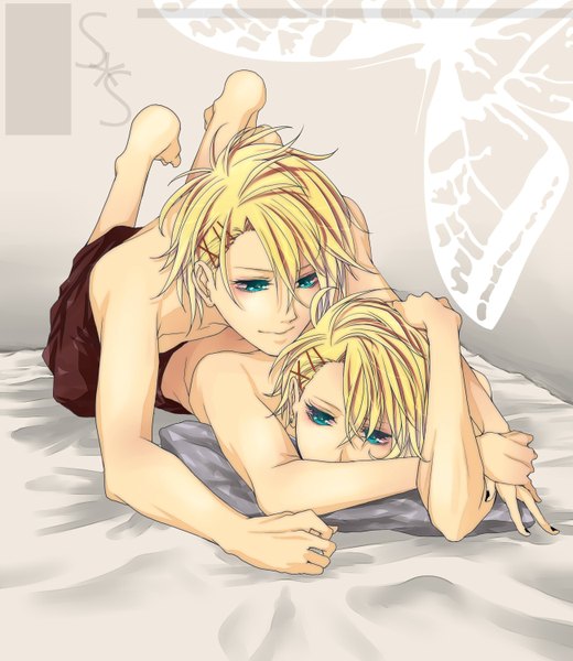 Anime picture 1300x1500 with uta no prince-sama a-1 pictures kurusu shou chiho tall image short hair light erotic blonde hair signed aqua eyes light smile nude multiple boys shadow shounen ai boy hair ornament insect bed butterfly