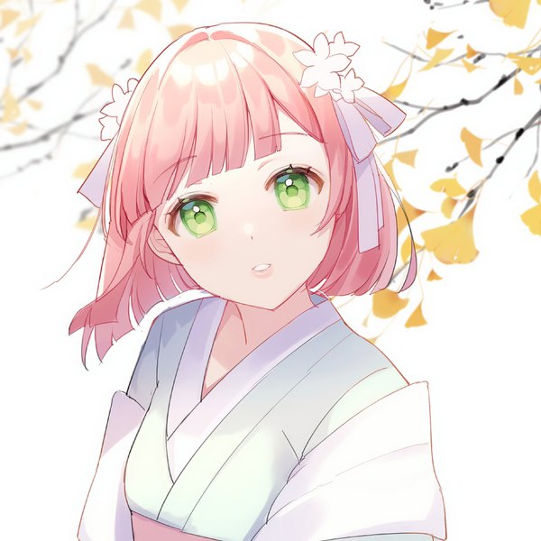 Anime picture 2160x2160 with original yunluo single looking at viewer fringe highres short hair green eyes pink hair upper body blunt bangs traditional clothes parted lips head tilt girl hair ornament leaf (leaves) ginkgo