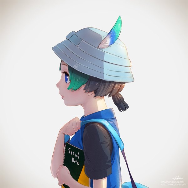 Anime picture 1200x1200 with kemono friends kyururu (kemono friends) takami masahiro single short hair blue eyes black hair simple background looking away upper body profile multicolored hair green hair grey background two-tone hair low ponytail boy hat feather (feathers) sketchbook