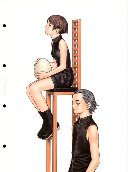 Anime picture 1280x1720 with futurhythm (artbook) range murata tall image fringe short hair breasts simple background brown hair white background sitting bare shoulders holding profile grey hair scan sleeveless girl boy boots chair