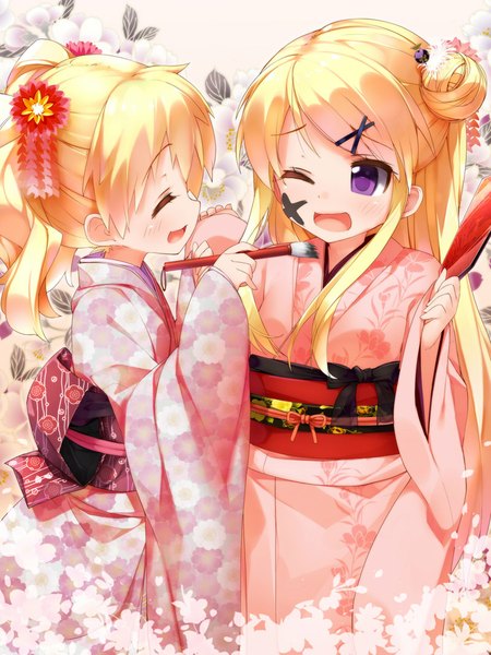 Anime picture 800x1066 with kin-iro mosaic kujou karen alice carteret kaisen chuui long hair tall image blush open mouth blonde hair purple eyes multiple girls eyes closed traditional clothes japanese clothes one eye closed wink new year girl hair ornament flower (flowers)