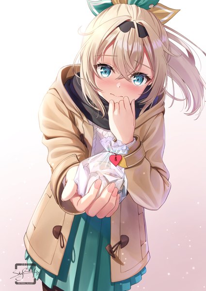 Anime picture 1063x1500 with virtual youtuber hololive kazama iroha skyrail (skynetrailgun) single long hair tall image looking at viewer blush fringe simple background blonde hair hair between eyes ponytail aqua eyes fingernails embarrassed outstretched hand hand to mouth valentine