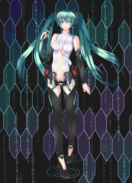 Anime picture 2132x2942 with vocaloid vocaloid append hatsune miku hatsune miku (append) sphere (graham) single tall image looking at viewer highres smile twintails bare shoulders very long hair aqua eyes aqua hair girl navel detached sleeves