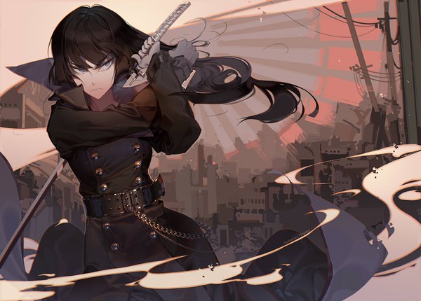 Anime picture 1024x734 with kill la kill studio trigger kiryuuin satsuki kawacy single long hair fringe blue eyes black hair standing holding looking away city cityscape double buttons hairdressing cutting hair girl gloves weapon