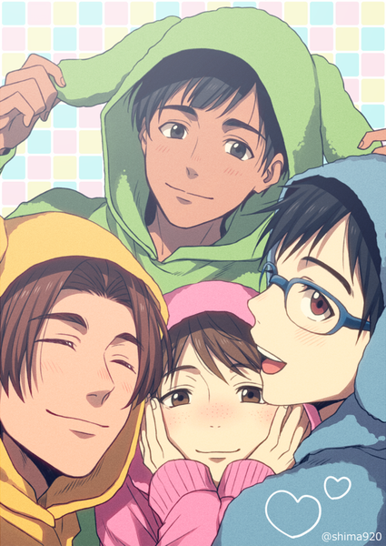 イラスト 600x847 と ユーリ!!! on Ice mappa katsuki yuuri phichit chulanont ji guang-hong leo de la iglesia 真嶋しま 長身像 カメラ目線 赤面 前髪 短い髪 開いた口 黒髪 笑顔 茶色の髪 holding 茶目 signed 獣耳