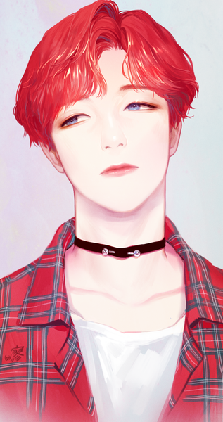 Anime picture 1150x2174 with real life exo baekhyun heather37 single tall image fringe short hair blue eyes simple background signed looking away upper body red hair head tilt realistic grey background lipstick portrait eyeshadow