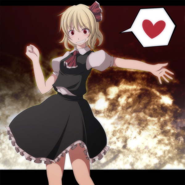 Anime picture 1500x1500 with touhou rumia s-syogo short hair blonde hair smile red eyes grin girl skirt heart skirt set speech bubble