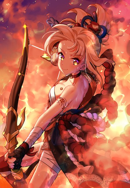 Anime picture 1390x2000 with genshin impact yoimiya (genshin impact) a01macaron single tall image looking at viewer blush fringe short hair breasts blonde hair smile bare shoulders holding signed yellow eyes ponytail traditional clothes japanese clothes sparkle