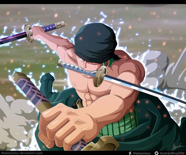 Anime-Bild 2884x2394 mit one piece toei animation roronoa zoro melonciutus single looking at viewer highres short hair smile holding signed one eye closed green hair black eyes twitter username piercing coloring mouth hold ear piercing scar