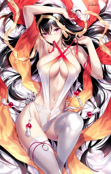 Anime picture 650x1011 with fate (series) fate/grand order xuangzang sanzang (fate) kousaki rui single long hair tall image looking at viewer blush fringe breasts light erotic black hair hair between eyes red eyes holding signed lying arm up fingernails