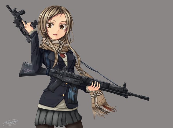 Anime picture 2500x1846 with original dreadtie single long hair looking at viewer highres open mouth brown hair brown eyes grey background girl skirt weapon miniskirt scarf gun assault rifle howa type 89