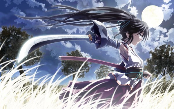 Аниме картинка 1280x800 с вокалоид хацунэ мику k2pudding широкое изображение японская одежда мико девушка меч луна