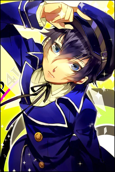 Anime picture 667x1000 with persona 4 persona shirogane naoto hssno108 single tall image looking at viewer fringe short hair blue eyes blonde hair hair between eyes standing blue hair parted lips sparkle adjusting hat androgynous girl ribbon (ribbons)