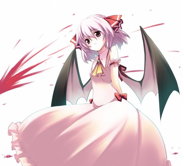 Anime picture 1329x1200 with touhou remilia scarlet usume shirou single short hair simple background red eyes white background bare shoulders white hair girl dress bow wings frills blood
