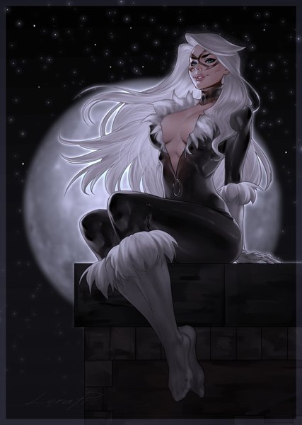 Anime picture 3000x4210 with marvel comics spider-man (series) black cat (felicia hardy) lerapi single long hair tall image looking at viewer fringe highres breasts blue eyes light erotic smile large breasts sitting signed sky full body outdoors