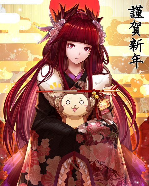 Anime picture 960x1200 with original tenyo0819 single long hair tall image looking at viewer fringe red eyes red hair blunt bangs traditional clothes japanese clothes new year nengajou girl animal kimono arrow (arrows) fur-trimmed kimono hamaya