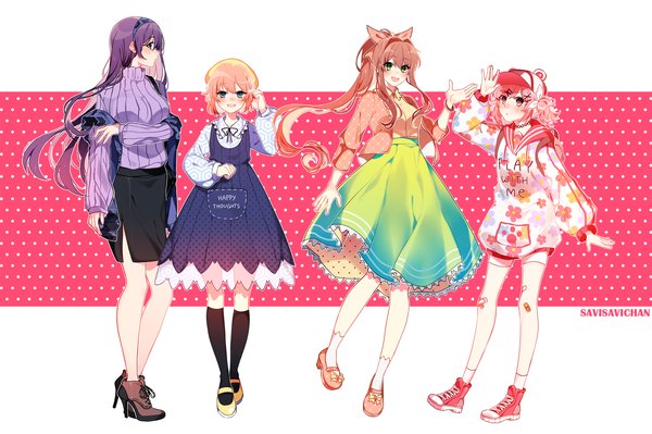 Anime picture 2300x1529 with doki doki literature club monika (doki doki literature club) yuri (doki doki literature club) natsuki (doki doki literature club) sayori (doki doki literature club) savi (byakushimc) long hair looking at viewer blush fringe highres short hair open mouth blue eyes simple background smile hair between eyes brown hair standing purple eyes