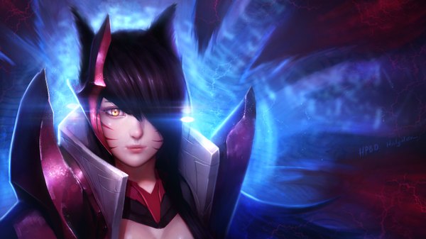Anime picture 1600x900 with league of legends ahri (league of legends) janyhero single long hair fringe black hair wide image signed animal ears yellow eyes looking away upper body tail animal tail light smile lips hair over one eye wallpaper fox ears