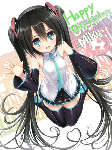 Anime picture 1200x1600 with vocaloid hatsune miku norita long hair tall image blush open mouth blue eyes black hair twintails girl thighhighs skirt black thighhighs detached sleeves miniskirt necktie headphones