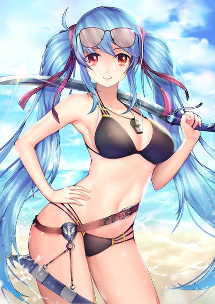 Anime picture 2149x3035 with sword girls luthica preventer tonaitoo single long hair tall image looking at viewer highres light erotic smile red eyes twintails blue hair girl navel ribbon (ribbons) weapon swimsuit hair ribbon bikini