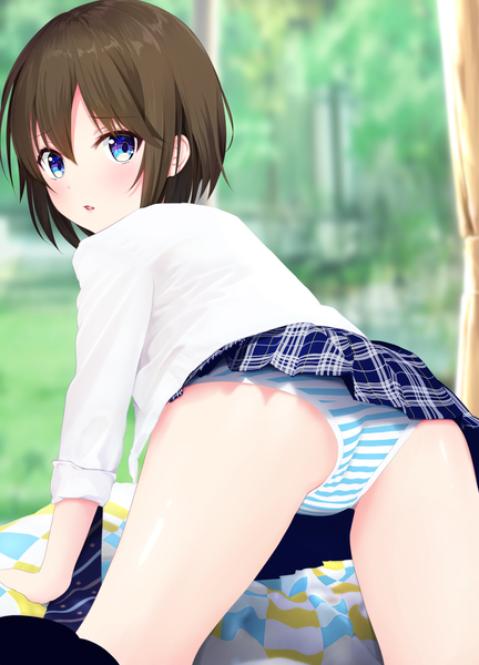 Anime picture 1045x1450 with original mito ichijyo single tall image looking at viewer blush fringe short hair open mouth blue eyes light erotic hair between eyes brown hair ass indoors looking back from behind blurry depth of field plaid skirt