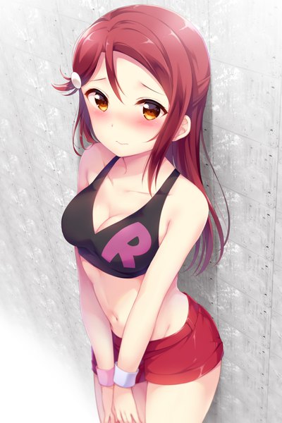 Anime picture 1100x1649 with love live! sunshine!! sunrise (studio) love live! sakurauchi riko hazuki (sutasuta) single long hair tall image looking at viewer blush fringe breasts light erotic hair between eyes standing bare shoulders brown eyes yellow eyes payot cleavage