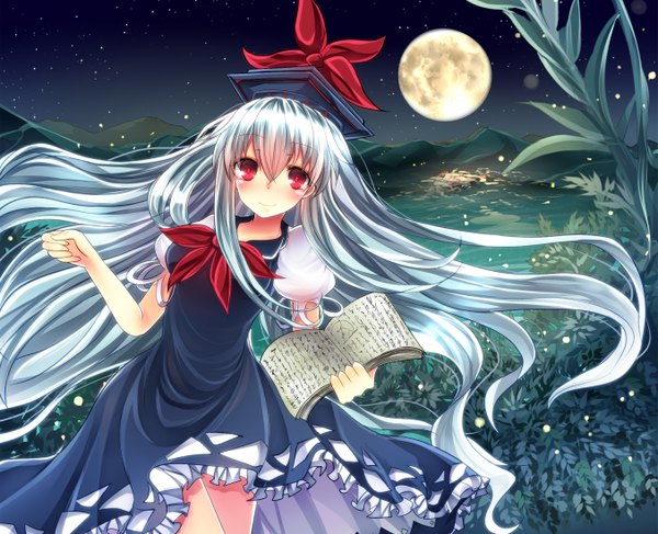 Anime picture 1353x1100 with touhou kamishirasawa keine e-co single long hair looking at viewer blush smile red eyes silver hair night mountain girl dress plant (plants) hat book (books) moon full moon