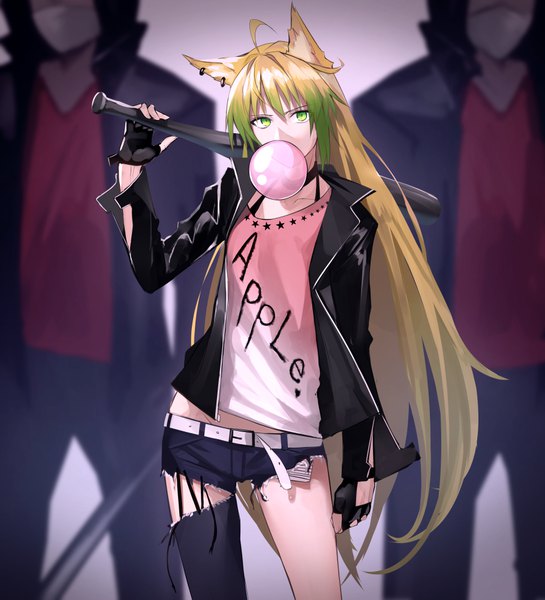 Anime picture 909x1000 with fate (series) fate/grand order atalanta (fate) shijiu (adamhutt) long hair tall image blonde hair standing holding green eyes animal ears ahoge multicolored hair open jacket two-tone hair multiple boys alternate costume piercing torn clothes ear piercing