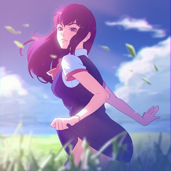 Anime picture 800x800 with original ilya kuvshinov single long hair fringe breasts light erotic purple eyes holding looking away sky purple hair cloud (clouds) light smile wind lips horizon arched back field girl