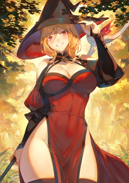 Anime picture 1013x1433 with original lilith (hijiri kishi sonia-san) mashuu (neko no oyashiro) single tall image looking at viewer fringe short hair breasts light erotic blonde hair smile hair between eyes red eyes large breasts standing bare shoulders holding cleavage outdoors
