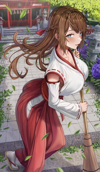 Anime-Bild 1302x2224 mit original silvertsuki single long hair tall image looking at viewer blush fringe breasts open mouth blue eyes light erotic brown hair large breasts standing holding outdoors braid (braids) traditional clothes japanese clothes