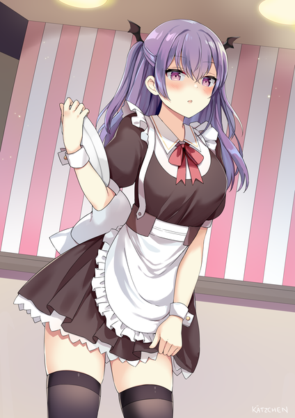 Anime picture 4210x5954 with original kaetzchen single long hair tall image looking at viewer blush fringe highres breasts open mouth hair between eyes standing purple eyes signed absurdres purple hair indoors maid two side up