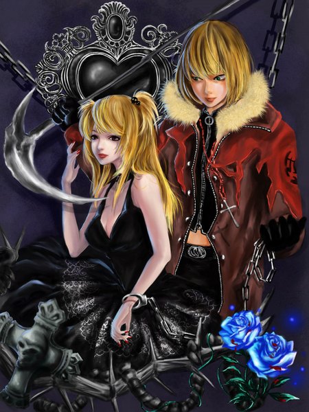 Anime picture 1500x2000 with death note madhouse amane misa mello (mihael keehl) tall image short hair blue eyes blonde hair red eyes green eyes looking away nail polish red nail polish gothic girl dress boy flower (flowers) jacket chain