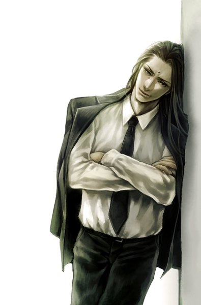 Anime picture 800x1214 with final fantasy vii tseng tetra takamine single long hair tall image looking at viewer black hair simple background white background light smile black eyes crossed arms boy necktie suit