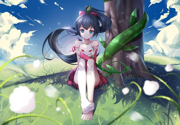 Anime picture 1730x1200 with original niharu single looking at viewer highres blue eyes light erotic black hair sky cloud (clouds) ponytail very long hair scan official art legs girl thighhighs bow plant (plants) hair bow
