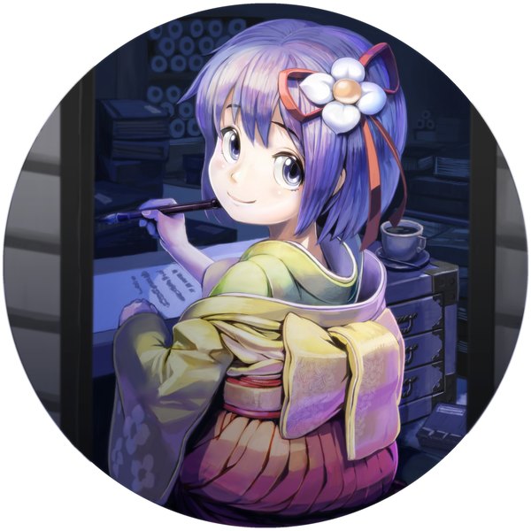 Anime picture 1500x1500 with touhou hieda no akyuu kousaku single blush short hair smile sitting purple eyes purple hair traditional clothes japanese clothes looking back hair flower from behind off shoulder floral print girl hair ornament flower (flowers)