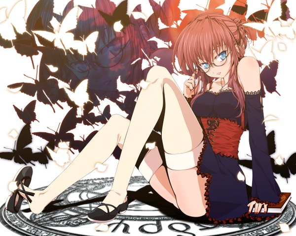 Anime picture 1280x1024 with sister princess zexcs chikage (sister princess) long hair blue eyes bare shoulders red hair nail polish girl thighhighs white thighhighs glasses book (books) insect butterfly