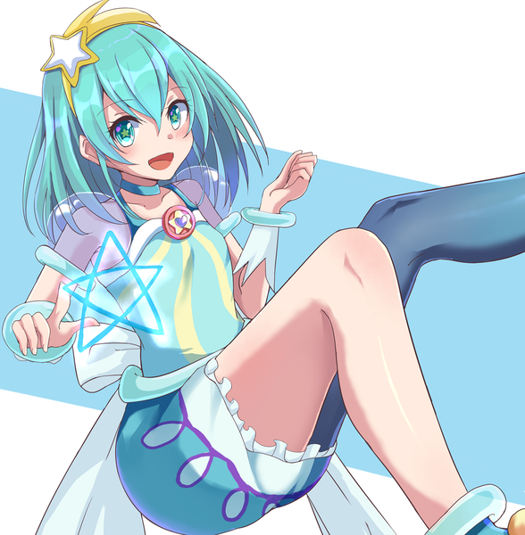 Anime picture 1068x1091 with precure star twinkle precure toei animation hagoromo lala cure milky zayuu single long hair tall image looking at viewer blush fringe open mouth simple background smile hair between eyes payot bent knee (knees) :d aqua eyes