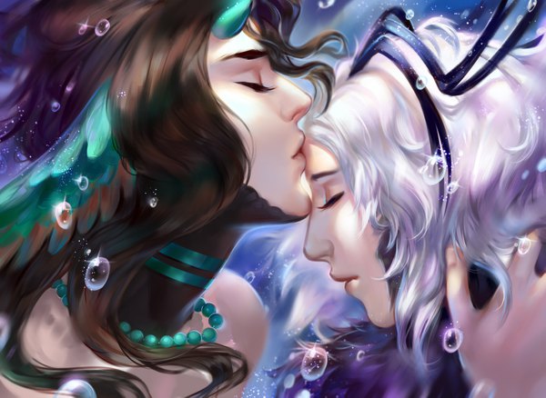 イラスト 1869x1365 と オリジナル j-witless 長髪 highres 短い髪 茶色の髪 upper body white hair eyes closed プロフィール 角 realistic multiple boys sparkle couple hug underwater kiss shounen ai forehead kiss