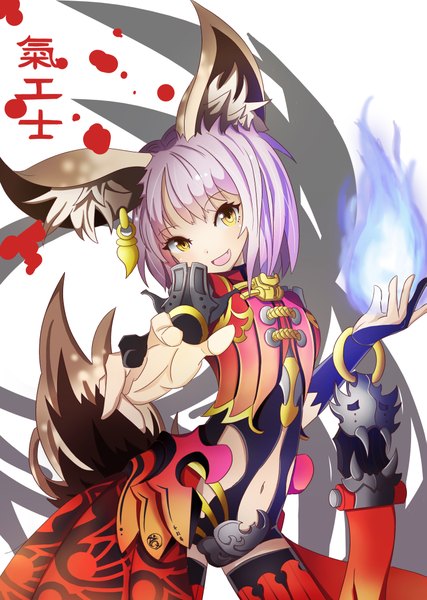 Anime picture 2893x4064 with blade & soul lyn (blade & soul) sylphinesnowphire (artist) tall image highres short hair open mouth animal ears yellow eyes purple hair tail magic girl navel earrings