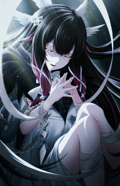 Anime picture 1800x2800 with genshin impact columbina (genshin impact) nisikm single long hair tall image fringe highres black hair hair between eyes sitting eyes closed multicolored hair streaked hair head wings fingers together girl wings mask